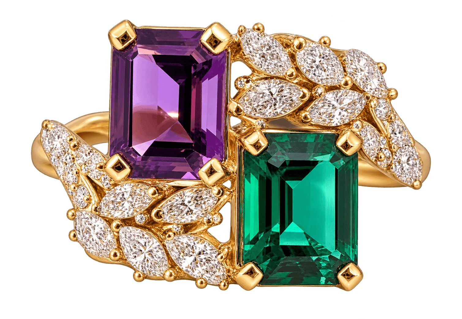 14K Yellow Gold Amethyst, Lab Emerald & Diamond Ring