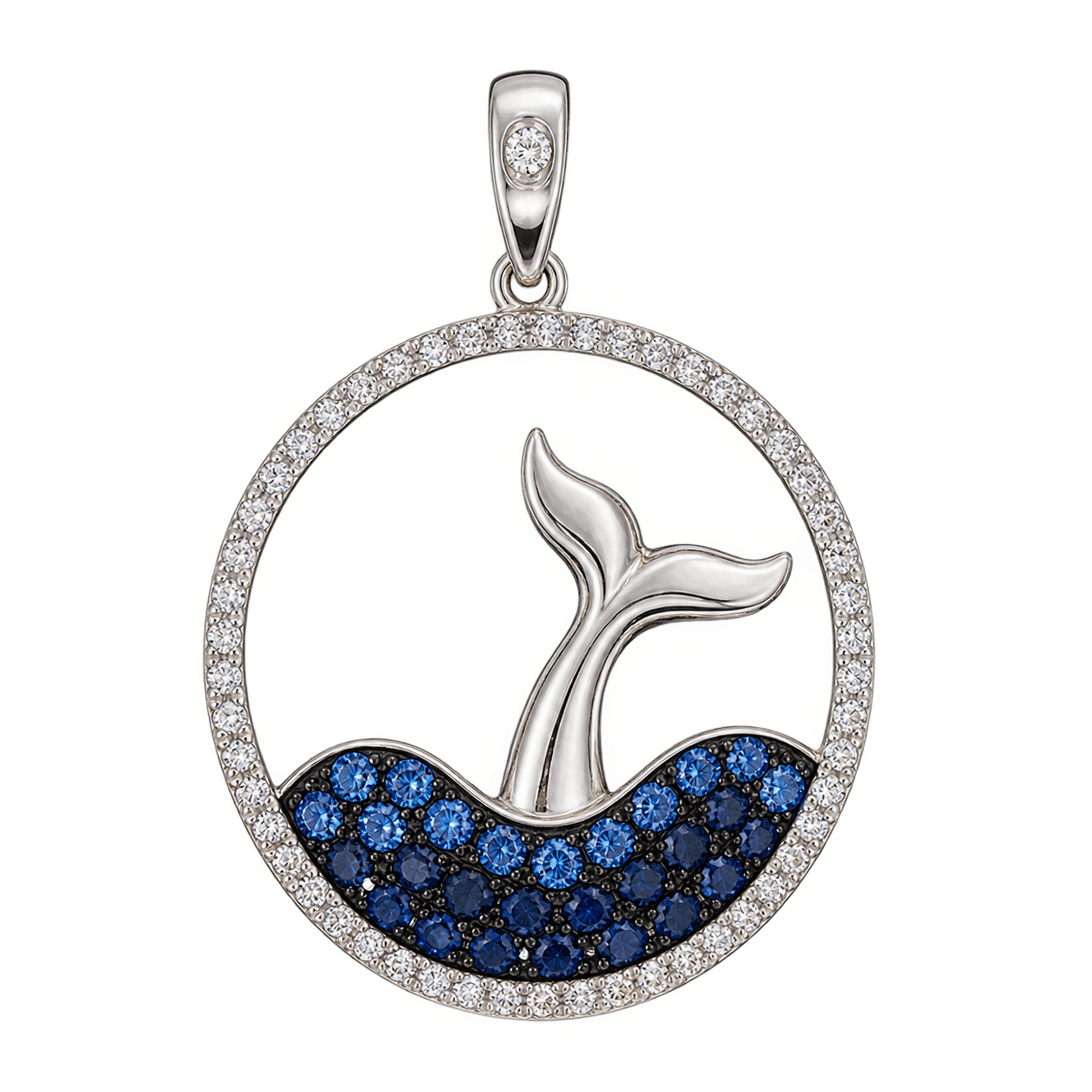 14K White Gold Diamond & Sapphire Dolphin Pendant