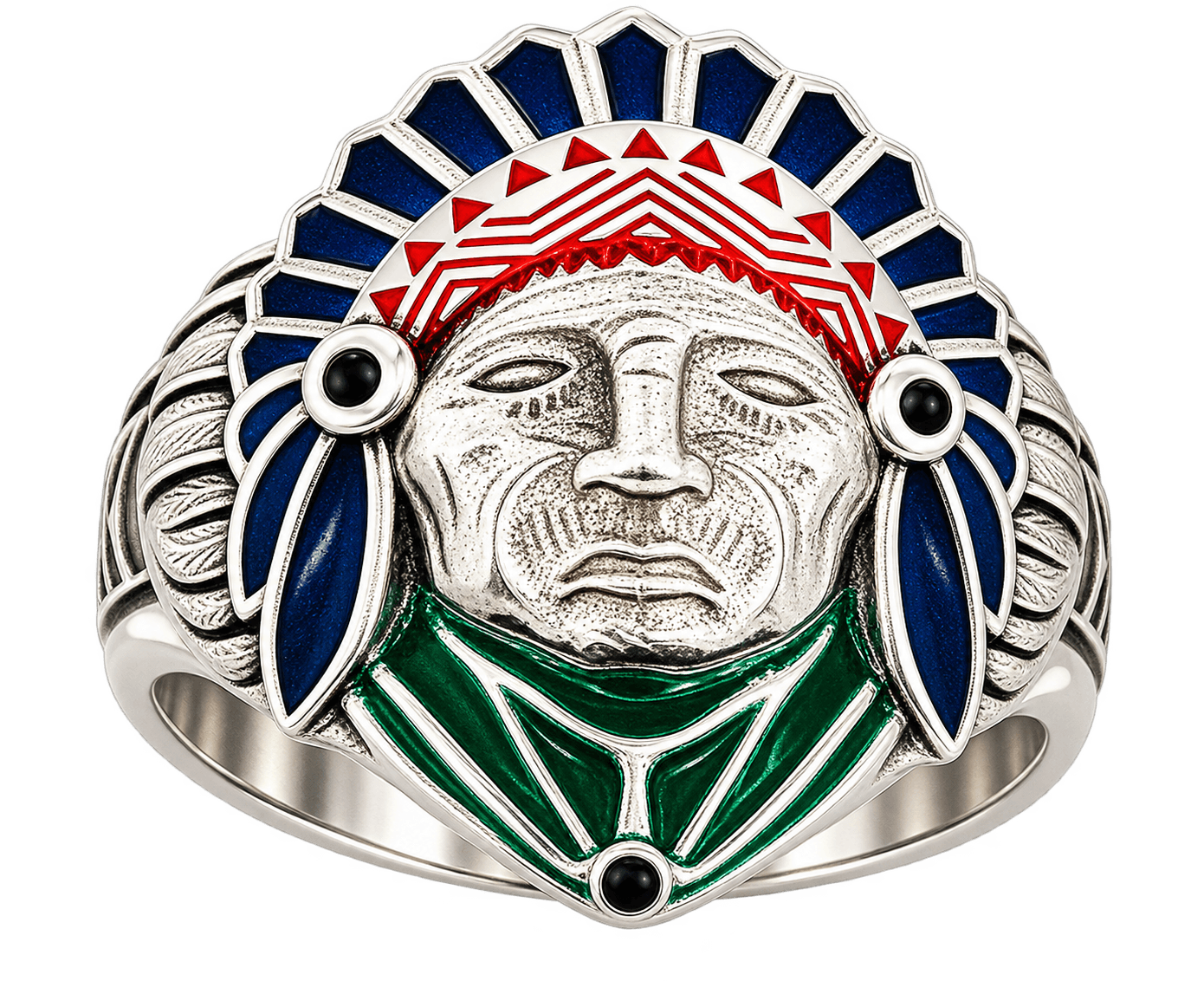 Gent's Sterling Silver Indian Head Ring with Colorful Enamel