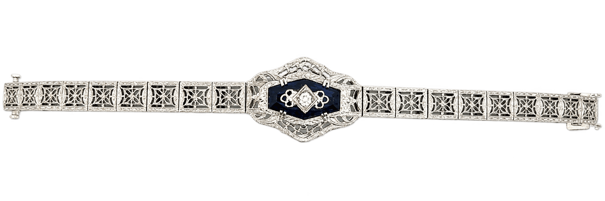 Estate Vintage Filigree Sapphire & Diamond Bracelet – 14K White Gold